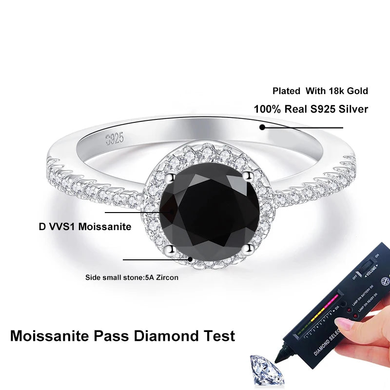1 Carat or 2 Carats Black Moissanite and Zircon 18K White Gold Plated 925 Sterling Silver Engagement Ring