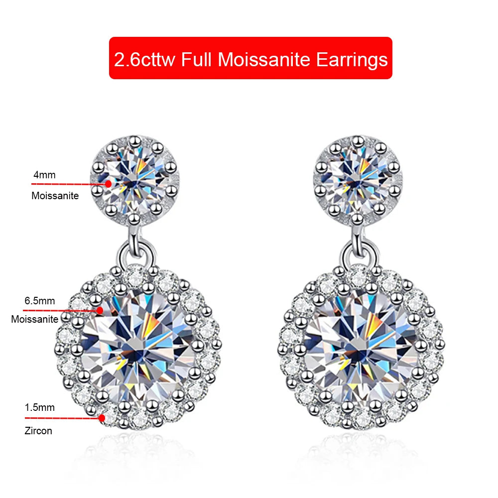 2.6 Carats Total Moissanite and Zircon Platinum Plated 925 Sterling Silver Drop Earrings