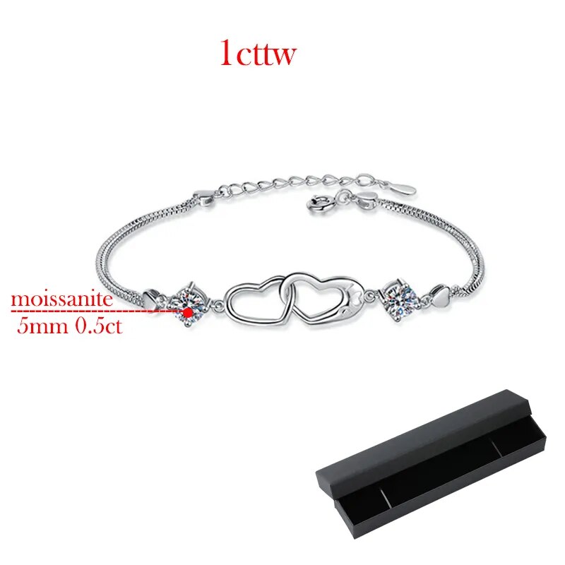 1 Carat Total Moissanite Platinum Plated 925 Sterling Silver Heart Bracelet
