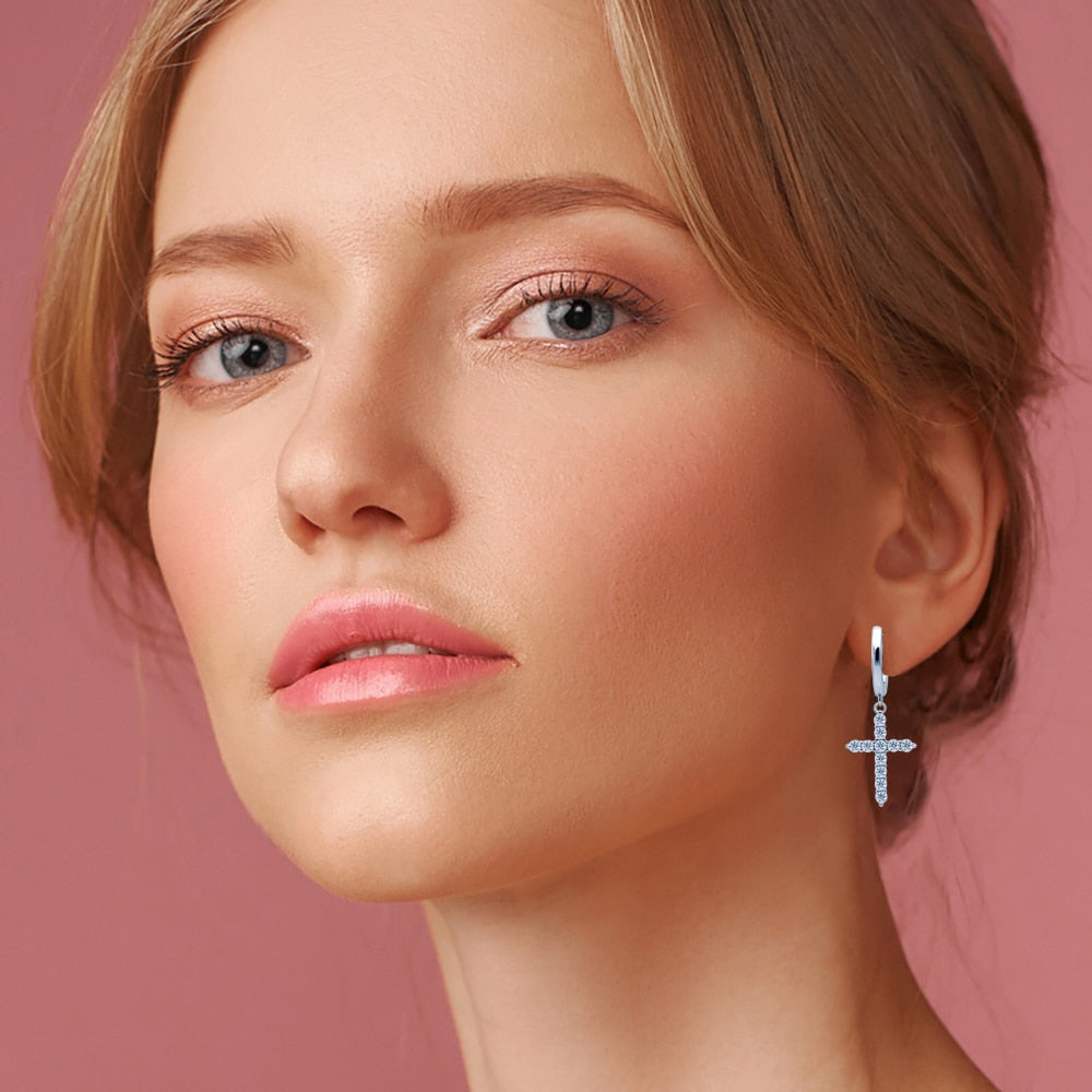 0.66 Carat Total Moissanite Platinum Plated 925 Sterling Silver Cross Drop Earrings