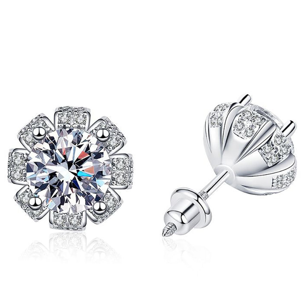 2 Carat Total Moissanite and Zircon Platinum Plated 925 Sterling Silver Stud Earrings