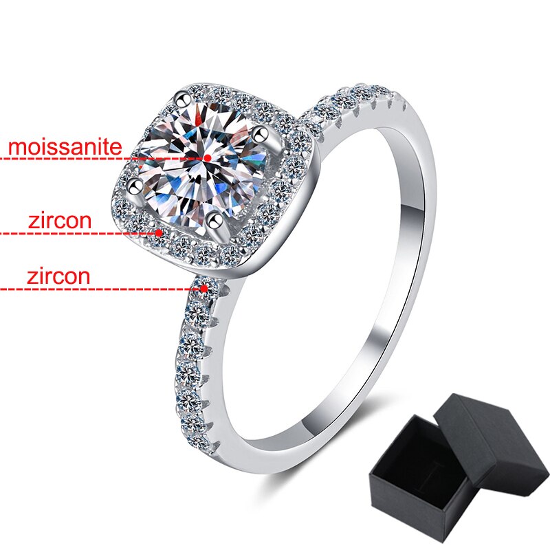 1 Carat or 2 Carat Moissanite and Zircon Platinum Plated 925 Sterling Silver Ring