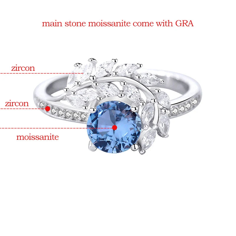 1 Carat Blue Moissanite and Zircon 18K White Gold Plated 925 Sterling Silver Engagement Ring