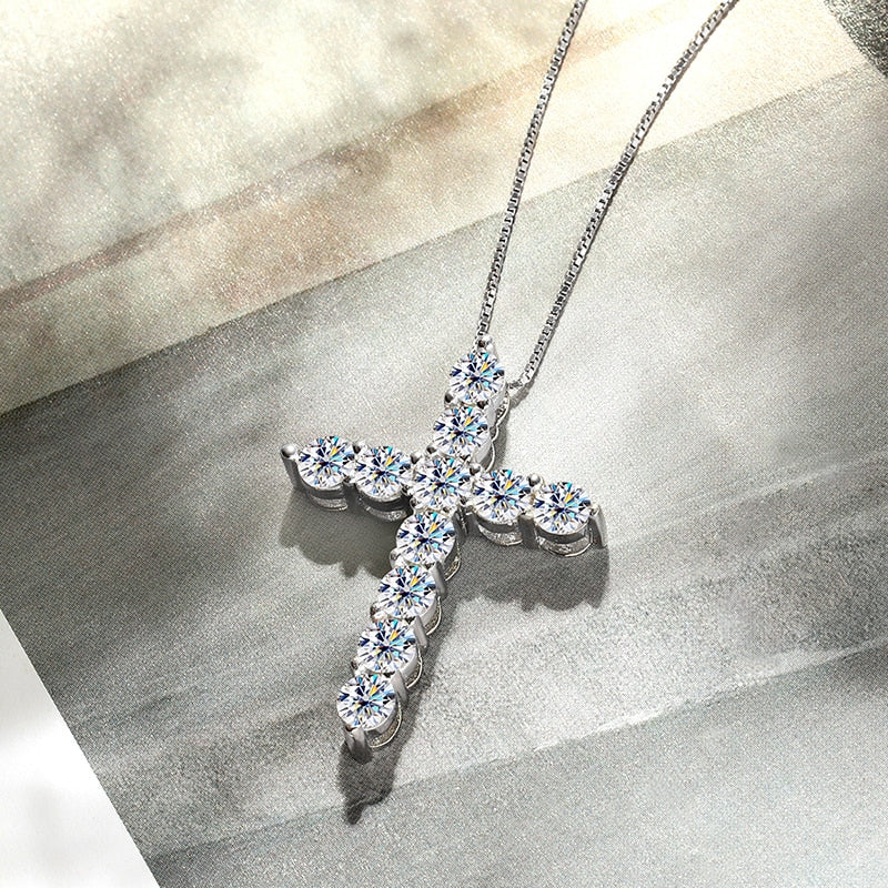 3.3 Carat Total Moissanite D Color VVS1 18K White Gold Plated 925 Sterling Silver Cross Pendant Necklace