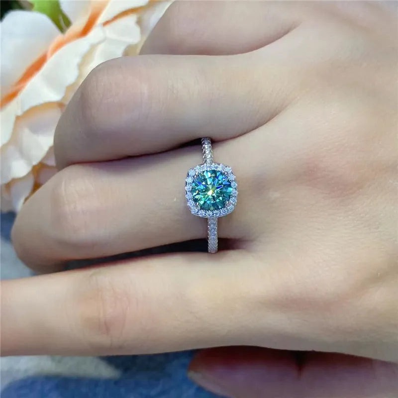 3 Carats Blue Green Moissanite and Zircon Platinum Plated 925 Sterling Silver Engagement Ring