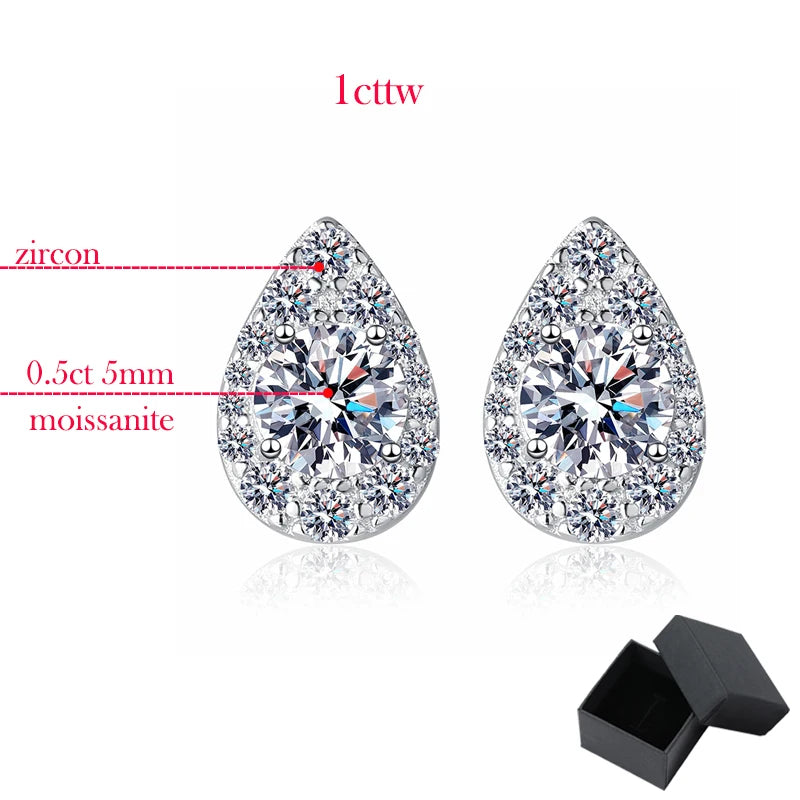 1 Carat Total Moissanite and Zircon Platinum Plated Pear Shaped Stud Earrings