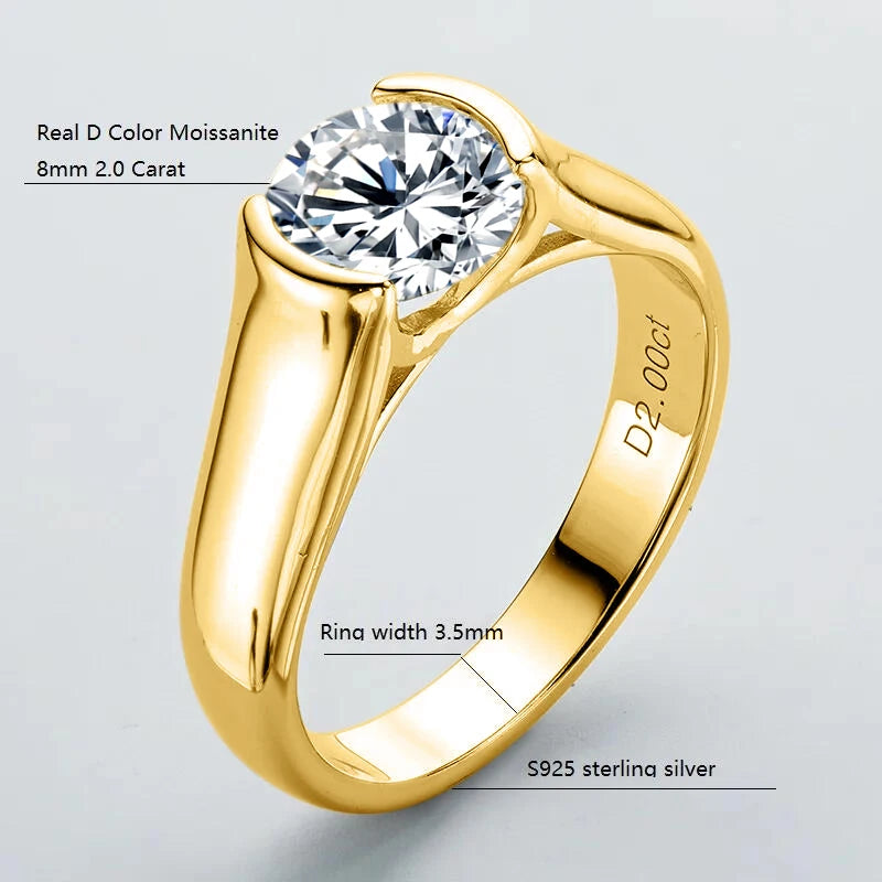 2 Carats Moissanite 18K Yellow Gold Plated 925 Sterling Silver Unisex Ring