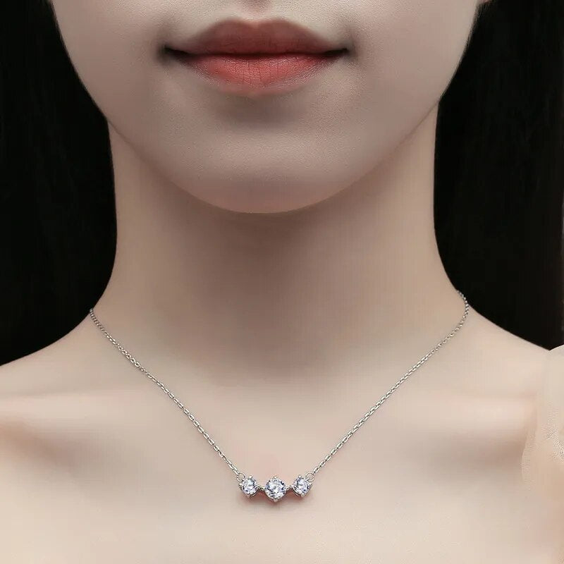 2 Carat Total Moissanite Platinum Plated 925 Sterling Silver 3 Stone Necklace