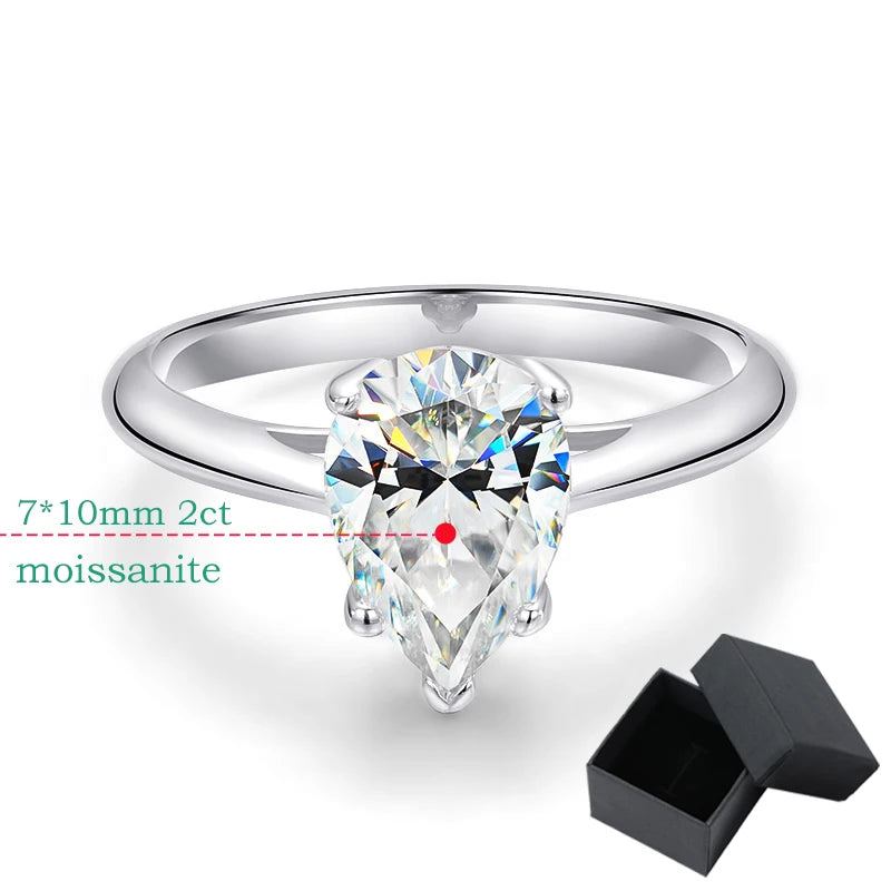 2 Carats Pear Cut Moissanite Rhodium Plated 925 Sterling Silver Solitaire Ring