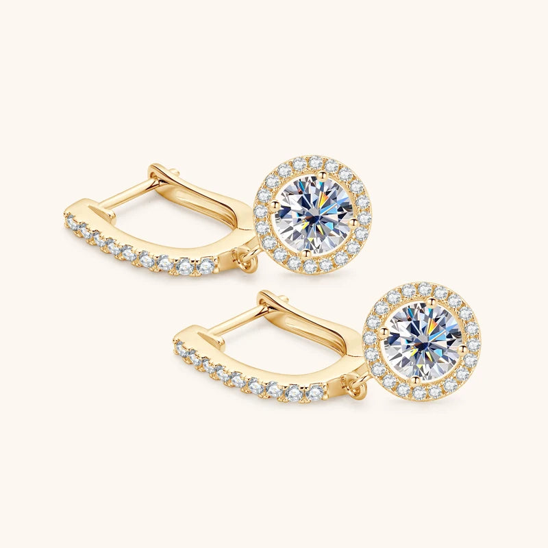 2 Carat Total Moissanite and Zircon 18K Yellow Gold Plated 925 Sterling Silver Drop Earrings