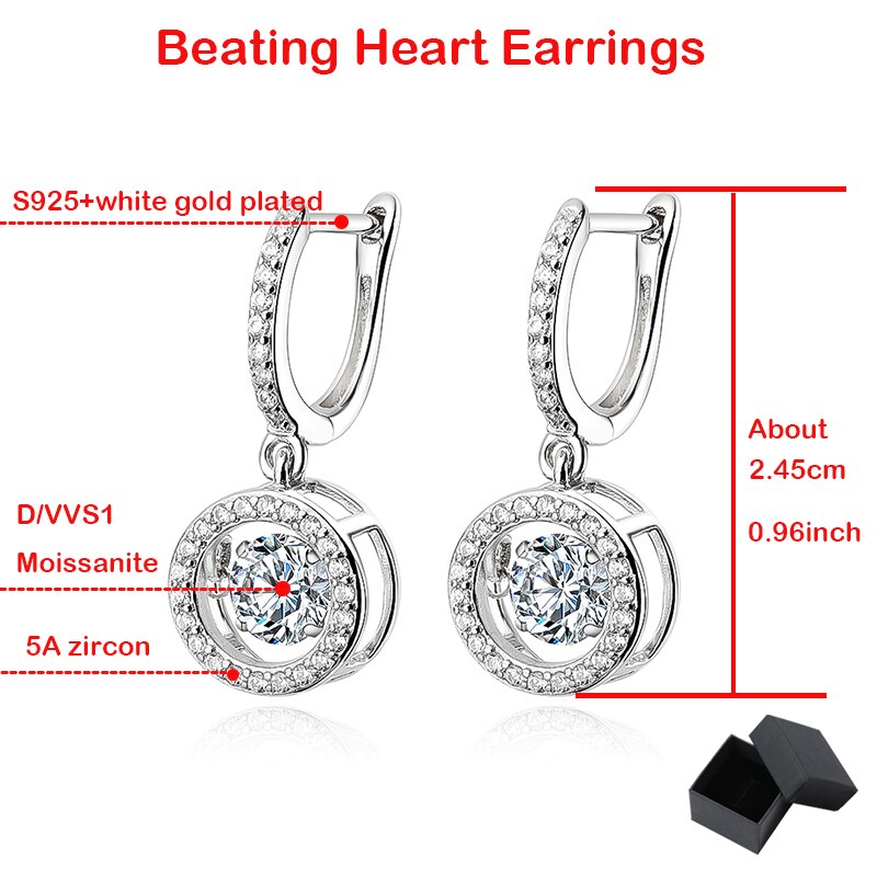 2 Carat Total D Color VVS1 Moissanite and Zircon Accent Platinum Plated 925 Sterling Silver Beating Heart Drop Earrings