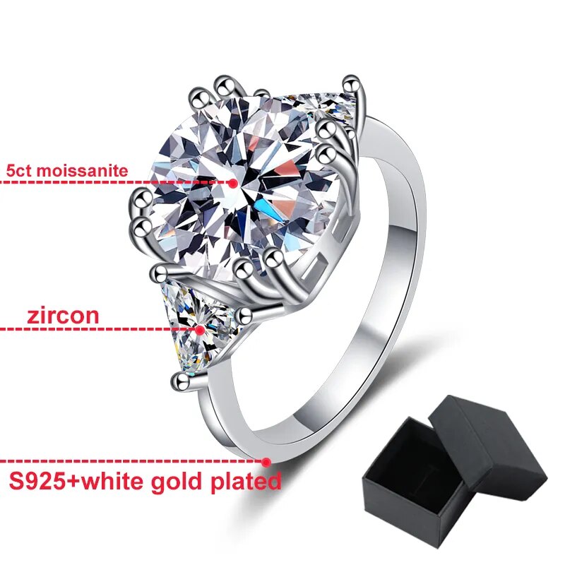5 Carat Moissanite and Zircon 18K White Gold Plated 925 Sterling Silver Ring