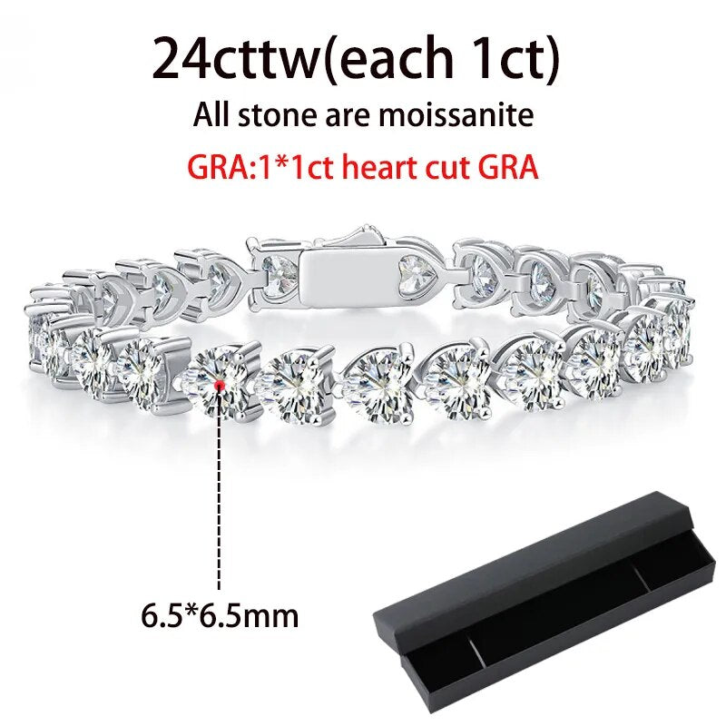 24 Carats Total Full Heart Cut Moissanite Platinum Plated 925 Sterling Silver Heart Bracelet