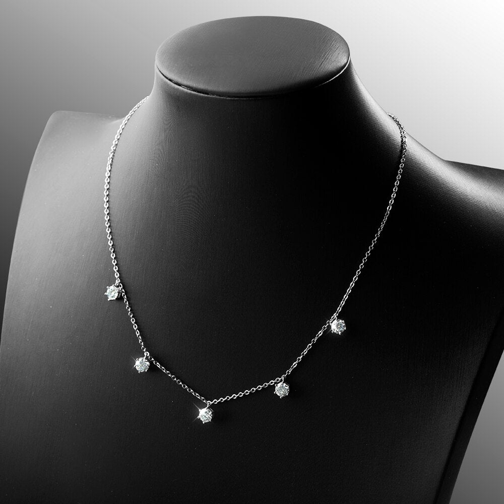 2.5 Carat or 5 Carat Total Moissanite Platinum Plated 925 Sterling Silver 5 Stone Necklace