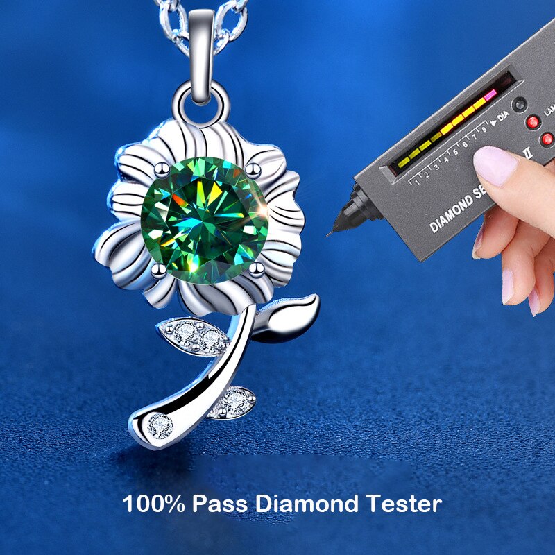 0.5 Carat Green Moissanite Platinum Plated 925 Sterling Sunflower Pendant Necklace