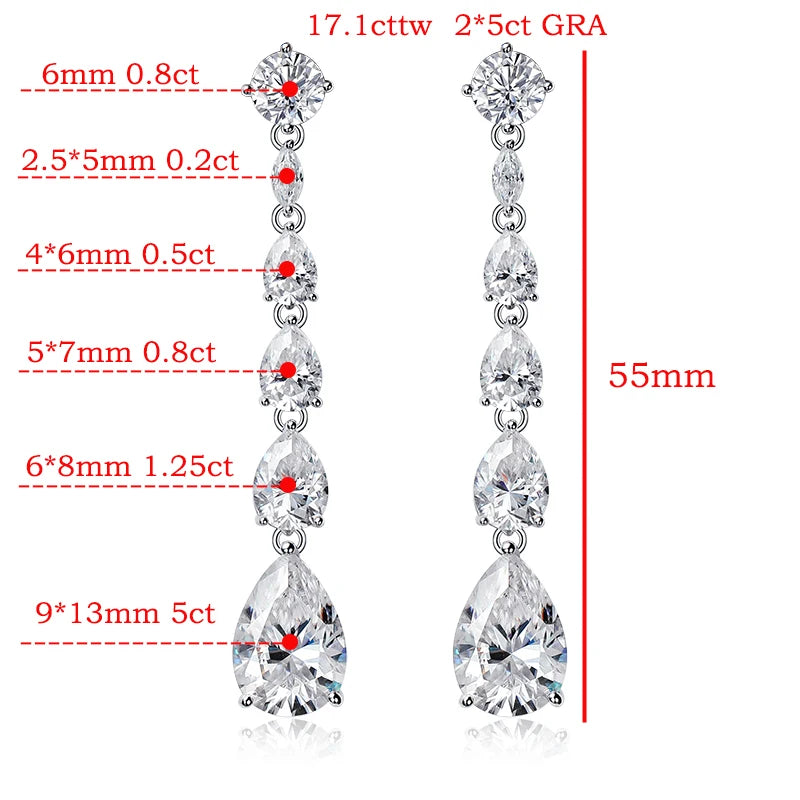 17.1 Carats Total Moissanite Rhodium Plated 925 Sterling Silver Drop Earrings