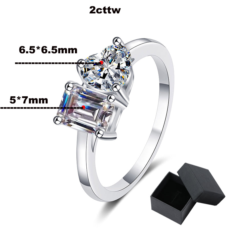 2 Carat Total Heart Cut and Emerald Cut Moissanite Platinum Plated 925 Sterling Ring