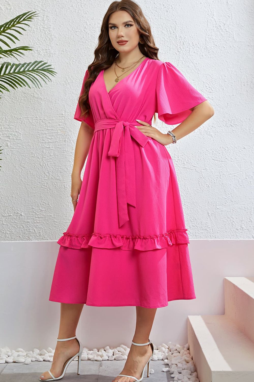 Belted Frill Trim Flutter Sleeve Dress Plus Size