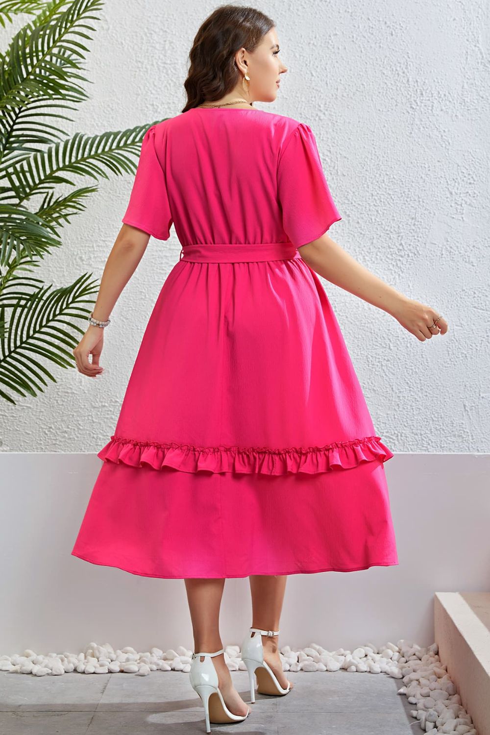 Belted Frill Trim Flutter Sleeve Dress Plus Size