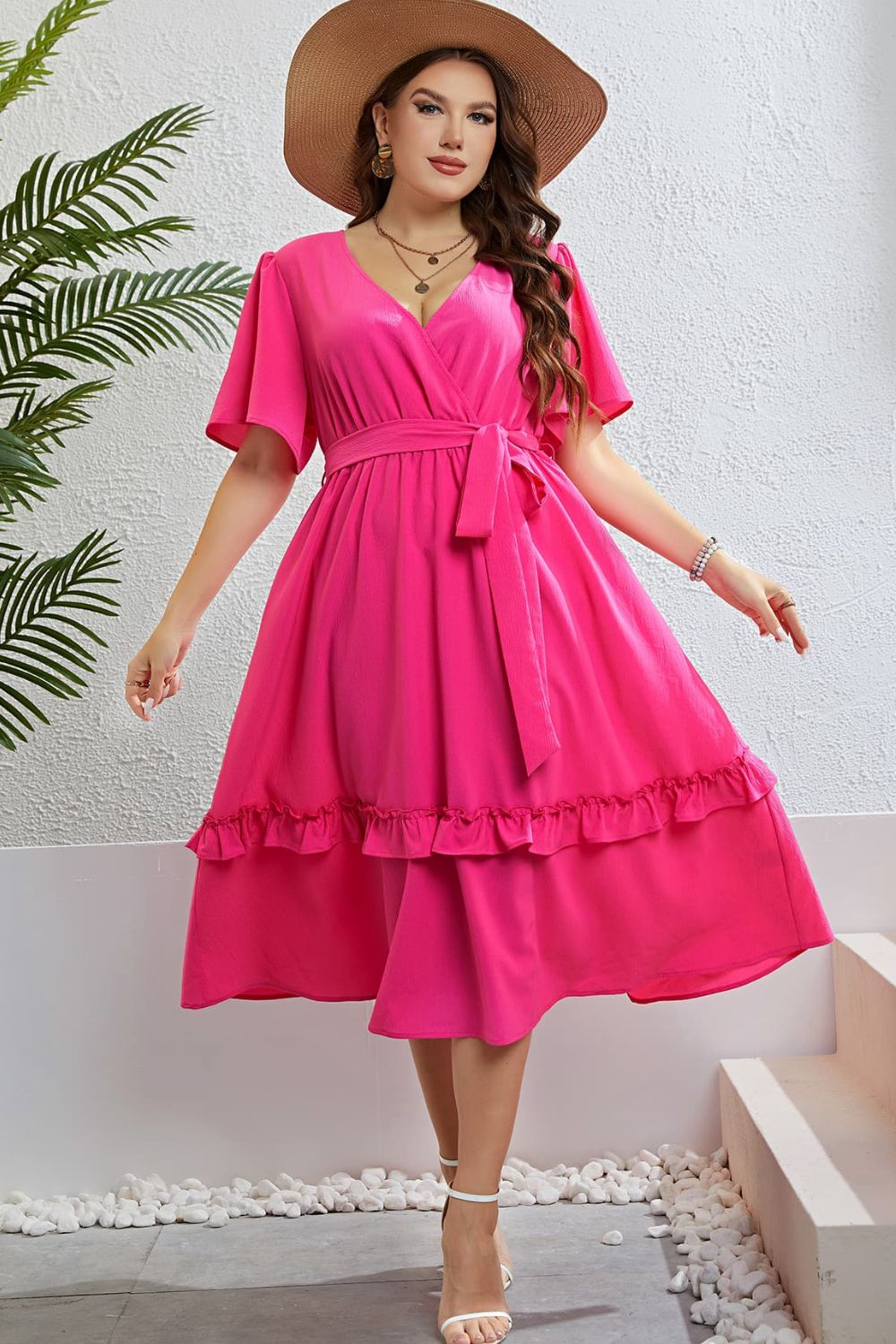 Belted Frill Trim Flutter Sleeve Dress Plus Size
