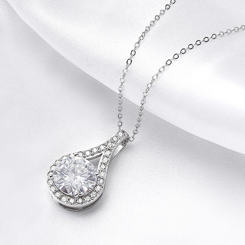 1 Carat to 5 Carat Moissanite D Color VVS1 and Zircon Accent Platinum Plated 925 Sterling Silver Pendant Necklace