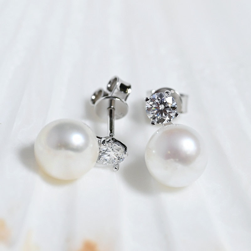 0.6 Carat Total Moissanite D Color VVS1 and Freshwater Pearl Platinum Plated 925 Sterling Stud Earrings