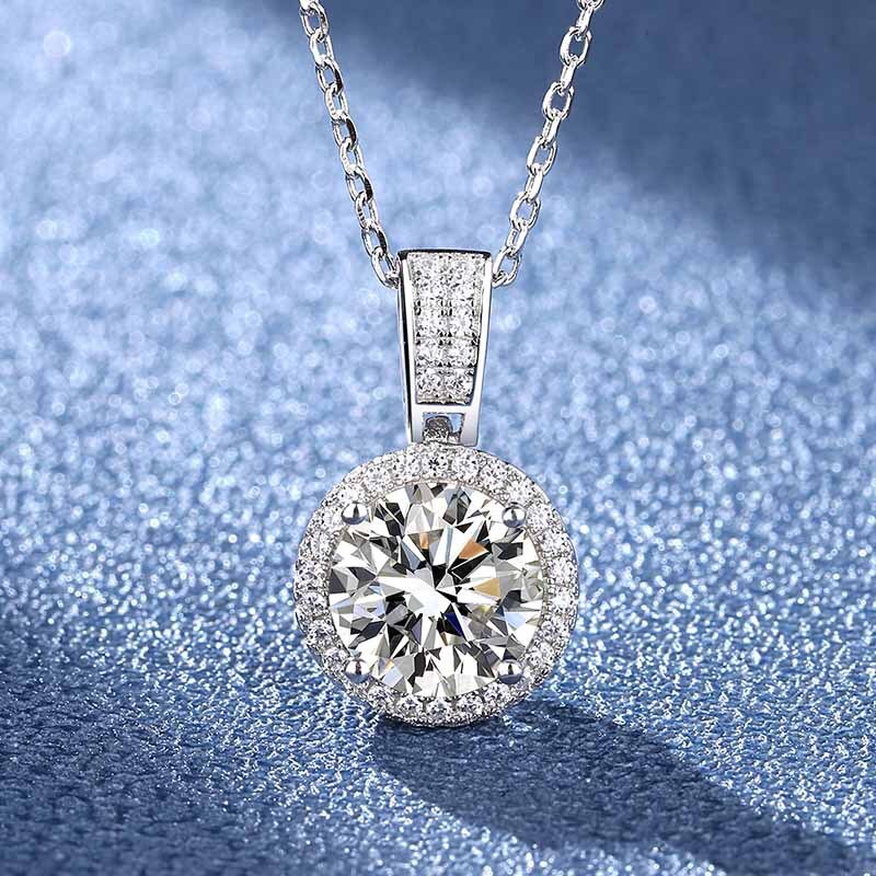 1 Carat or 2 Carats D Color VVS1 Moissanite and Zircon Accent Platinum Plated 925 Sterling Silver Pendant Necklace