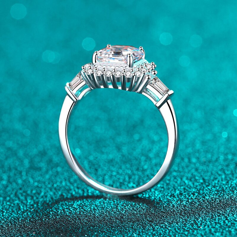 2 Carat Asscher Cut Moissanite and Zircon Accent 18K Gold Plated 925 Sterling Ring