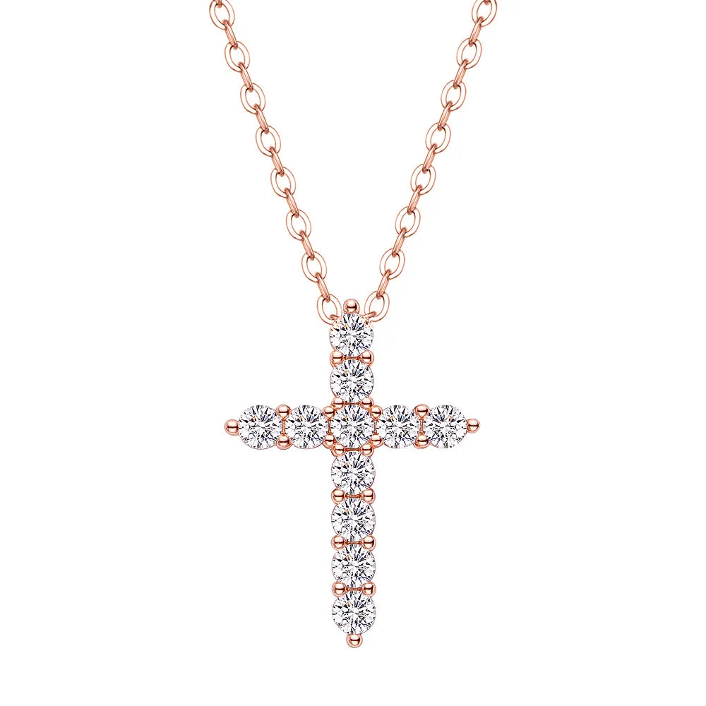 1.1 Carat Total Moissanite 18K Yellow or Rose Gold Plated 925 Sterling Cross Pendant Necklace