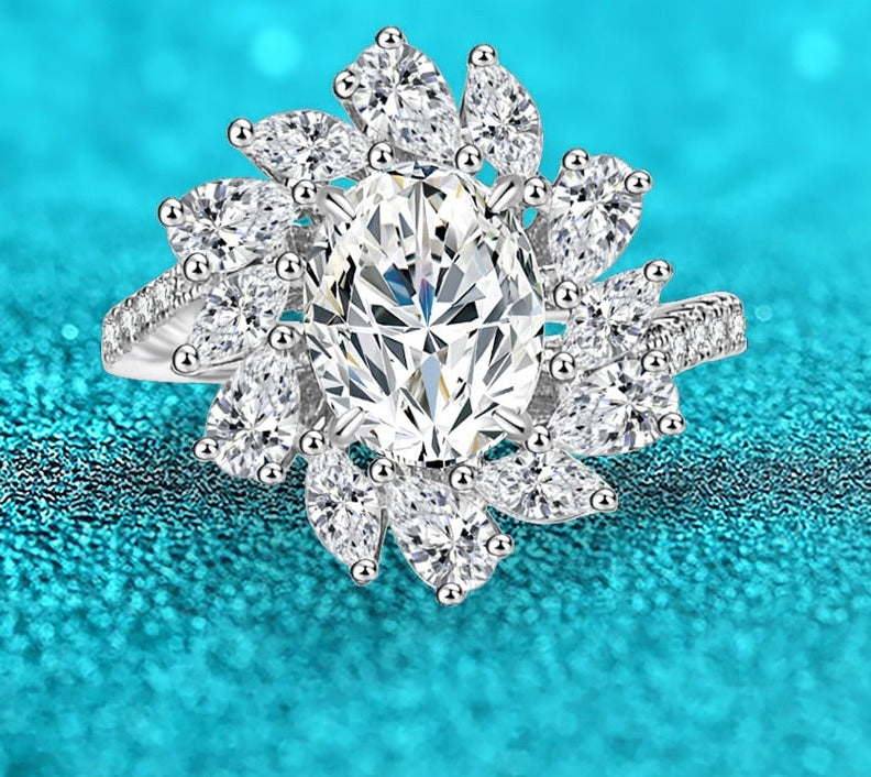 2 Carat Oval Cut Moissanite and Zircon Platinum Plated 925 Sterling Silver Cocktail/Engagement Ring 3 Colors