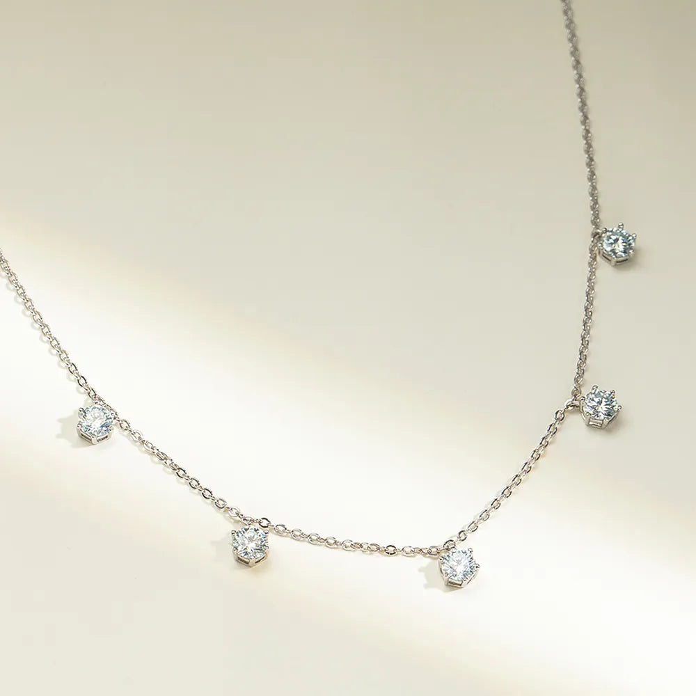 2.5 Carat or 5 Carat Total Moissanite Platinum Plated 925 Sterling Silver 5 Stone Necklace
