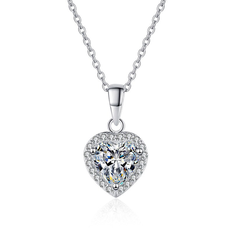 1 Carat Heart Cut Moissanite and Zircon Platinum Plated 925 Sterling Silver Pendant Necklace