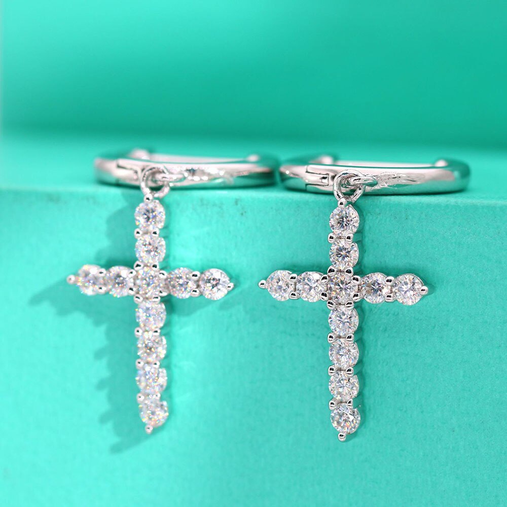 0.66 Carat Total Moissanite Platinum Plated 925 Sterling Silver Cross Drop Earrings