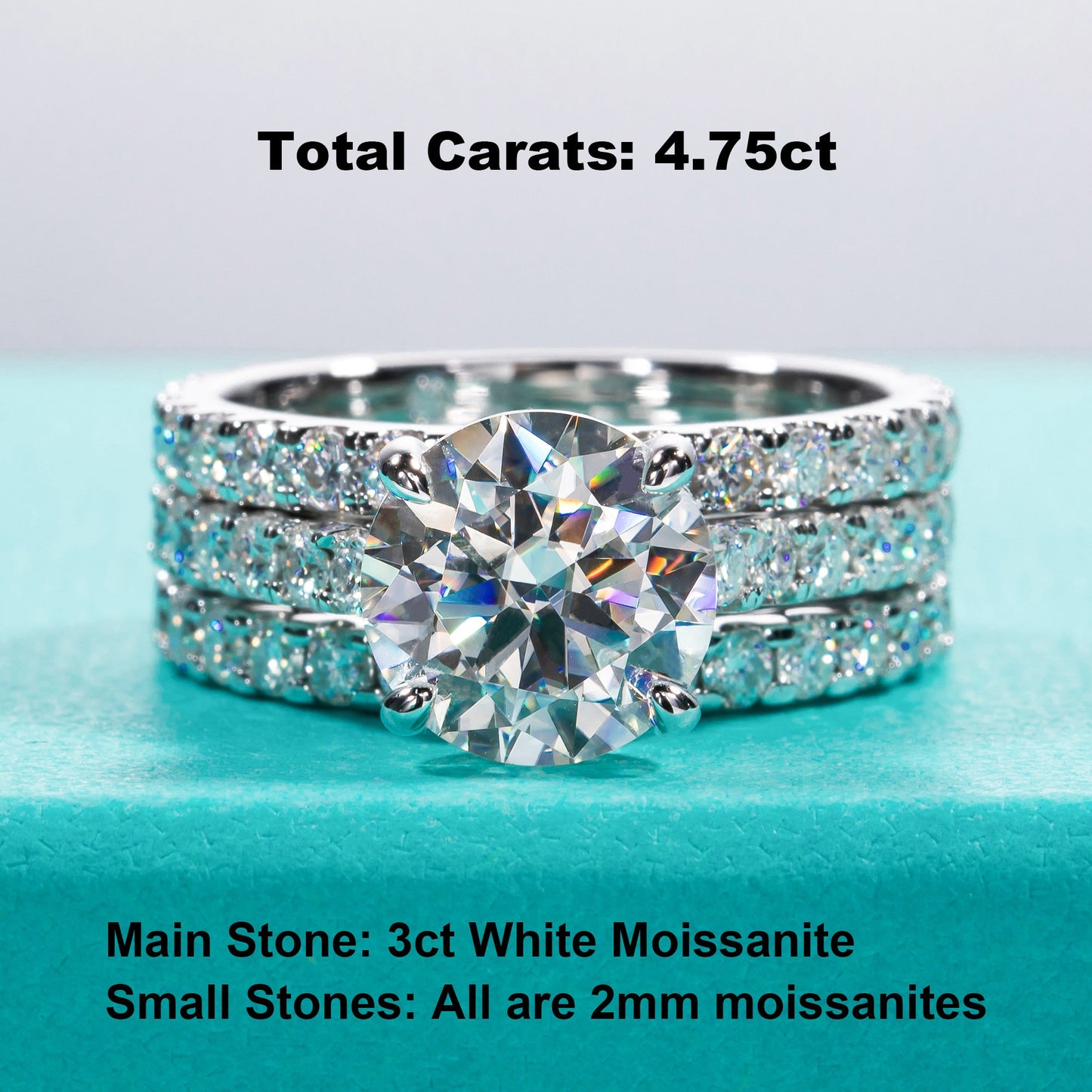 4.75 Carat Total D Color VVS1 Moissanite Triple Plated* 925 Sterling Silver 3 Piece Set Bridal Set