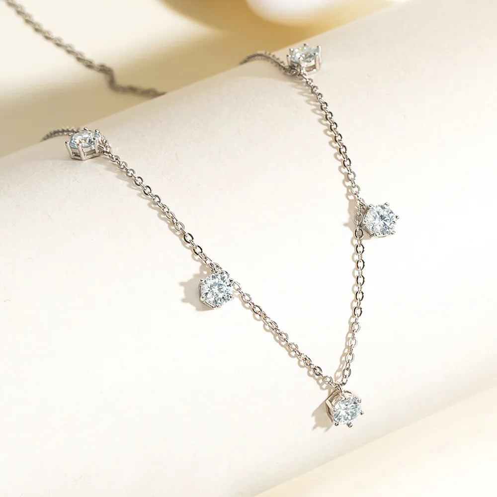2.5 Carat or 5 Carat Total Moissanite Platinum Plated 925 Sterling Silver 5 Stone Necklace