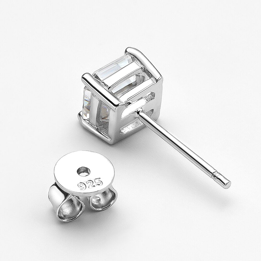 2 Carat Total Asscher Cut Moissanite Platinum Plated 925 Sterling Silver Stud Earrings