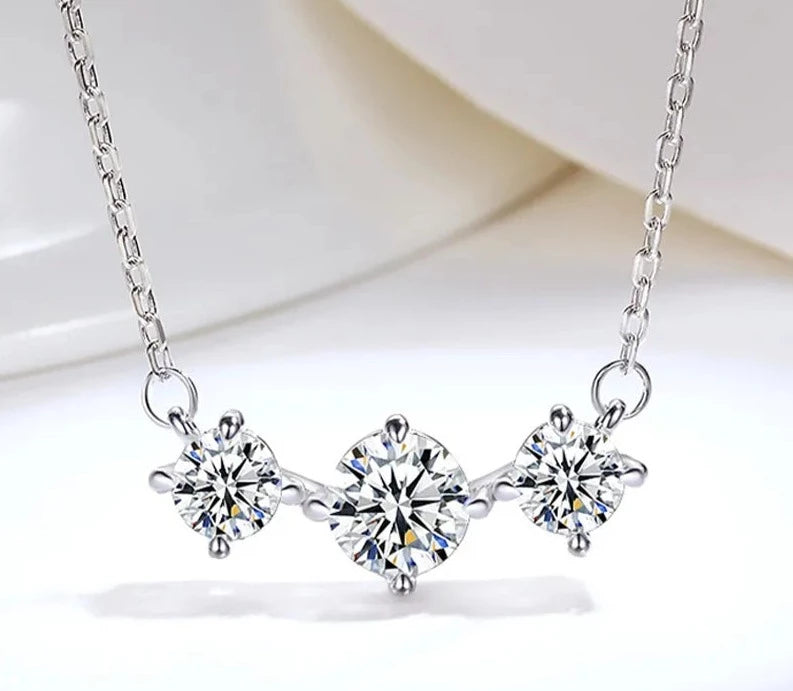2 Carat Total Moissanite Platinum Plated 925 Sterling Silver 3 Stone Necklace