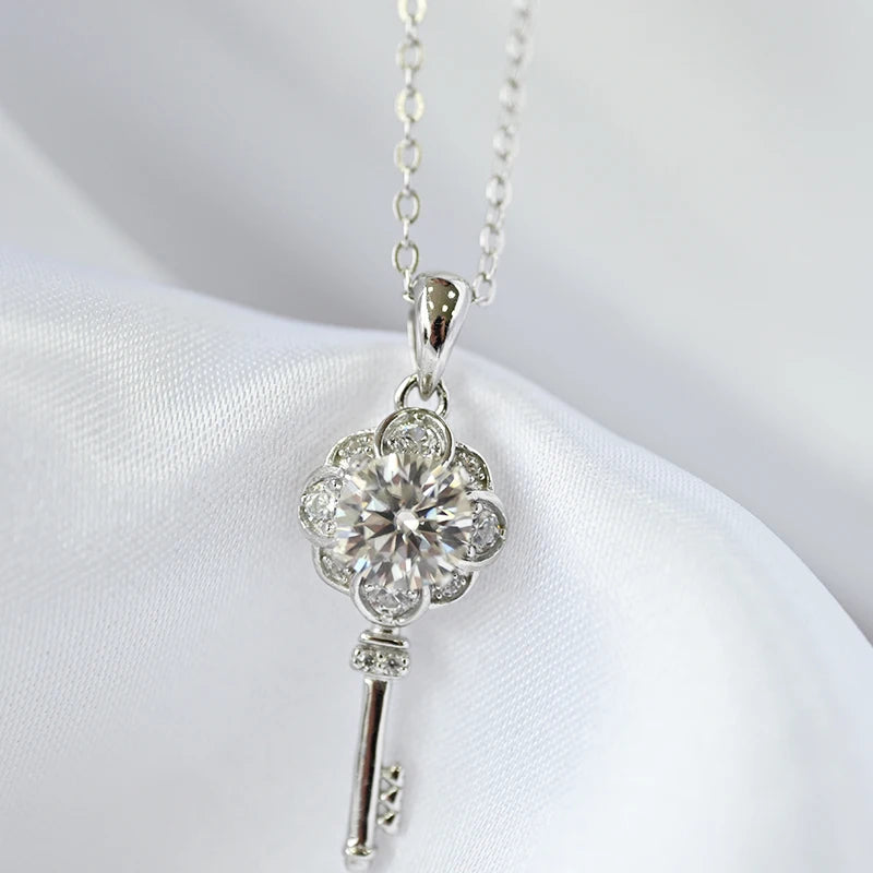 1 Carat Moissanite and Zircon Platinum Plated 925 Sterling Silver Key Pendant Necklace