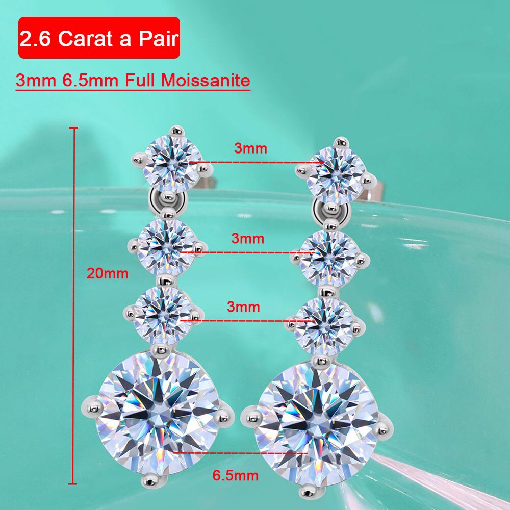 2.6 Carat Total or 3.6 Carat Total Moissanite D Color VVS1 Platinum Plated 925 Sterling Drop Earrings