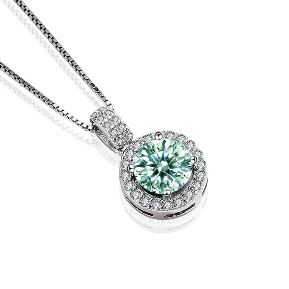 1 Carat or 2 Carat Green Moissanite and Zircon Accent D Color VVS1 Platinum Plated 925 Sterling Silver Pendant Necklace