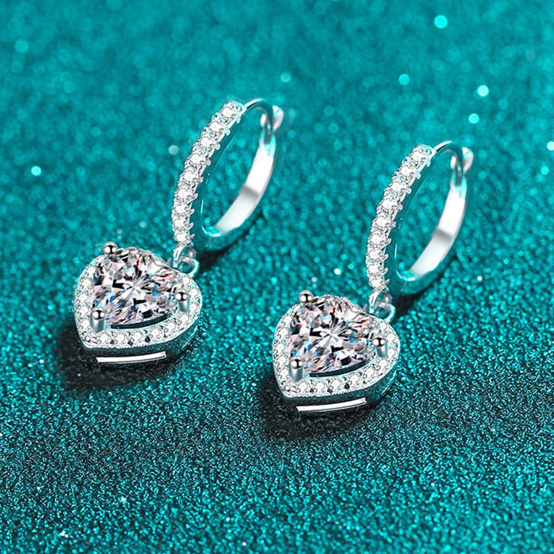 2 Carat Total Moissanite and Zircon 18K White Gold Plated 925 Sterling Silver Heart Drop Earrings