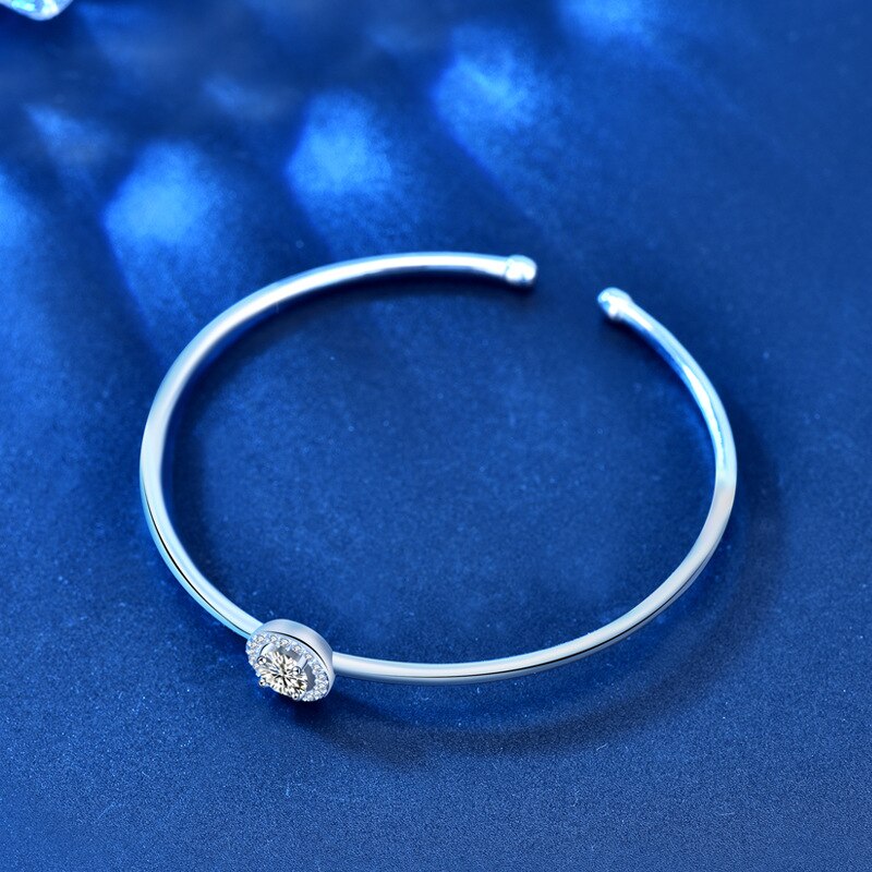 1 Carat Moissanite and Zircon Platinum Plated 925 Sterling Adjustable Bangle Bracelet