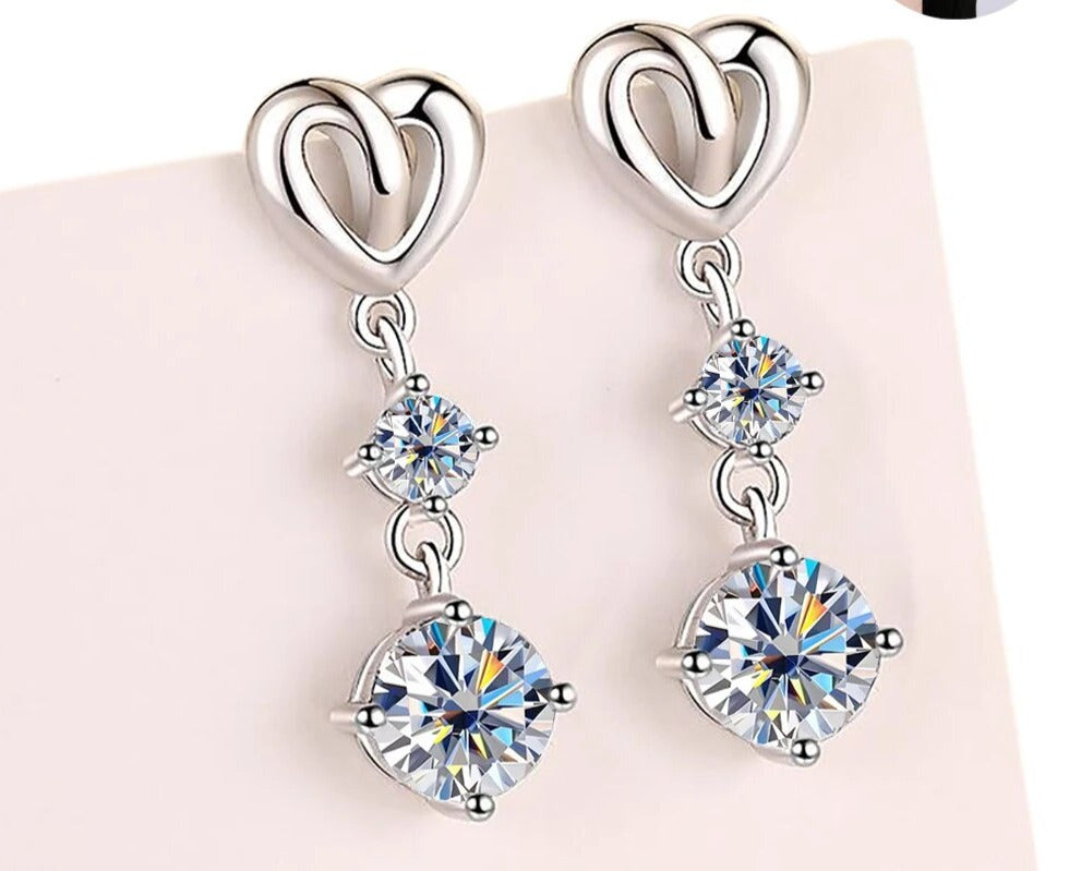 1.2 Carat Total or 2.2 Carat Total Moissanite Platinum Plated 925 Sterling Heart Drop Earrings