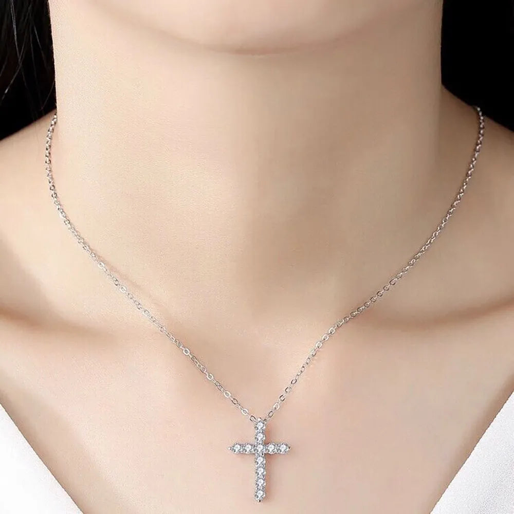 1.1 Carat Total Moissanite 18K Yellow or Rose Gold Plated 925 Sterling Cross Pendant Necklace