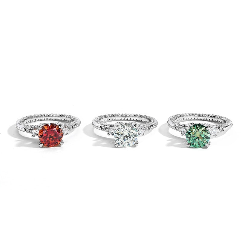 2 Carat Green, Red or White Moissanite and Zircon Accent Platinum Plated 925 Sterling Ring