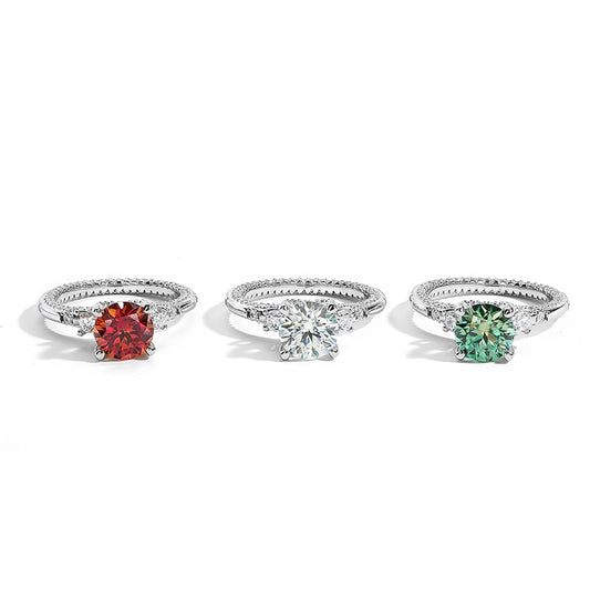 2 Carat Green, Red or White Moissanite and Zircon Accent Platinum Plated 925 Sterling Ring