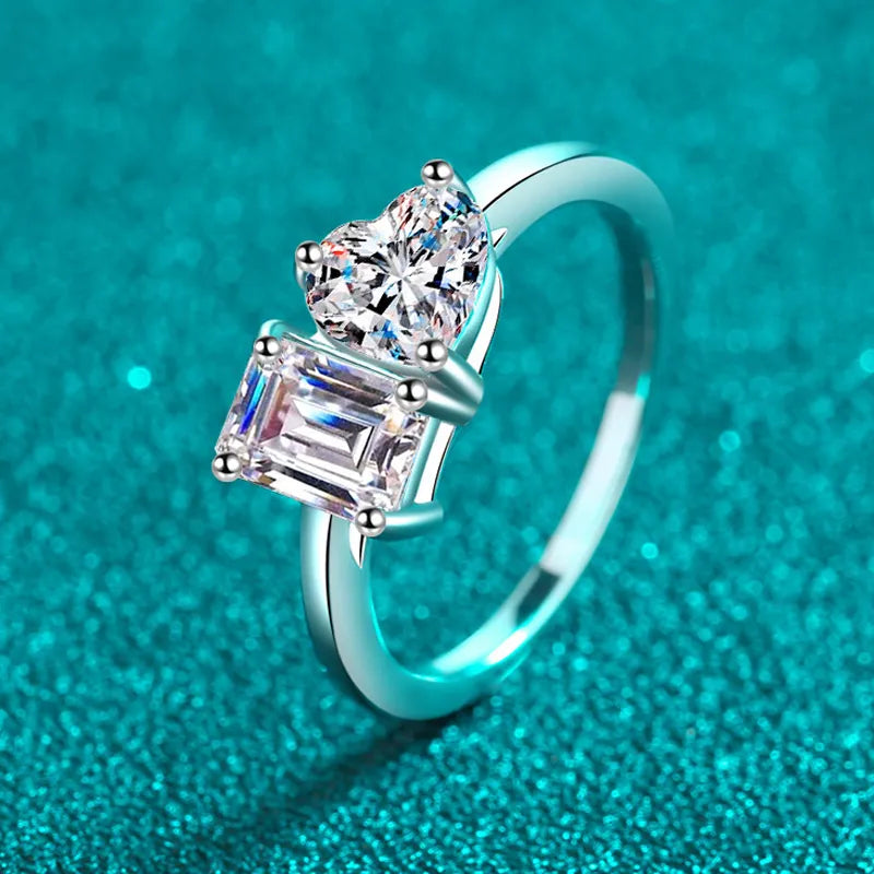 2 Carat Total Heart Cut and Emerald Cut Moissanite Platinum Plated 925 Sterling Ring
