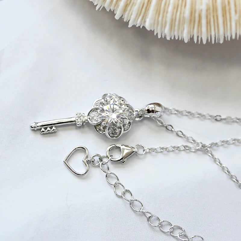 1 Carat Moissanite and Zircon Platinum Plated 925 Sterling Silver Key Pendant Necklace