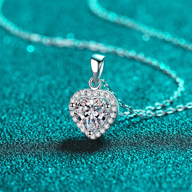 1 Carat Heart Cut Moissanite and Zircon Platinum Plated 925 Sterling Silver Pendant Necklace
