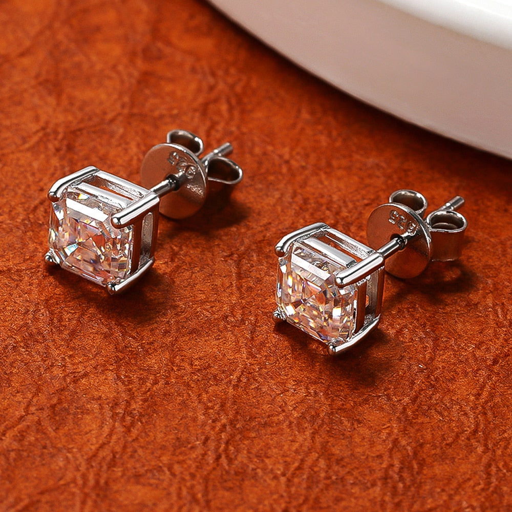 2 Carat Total Asscher Cut Moissanite Platinum Plated 925 Sterling Silver Stud Earrings